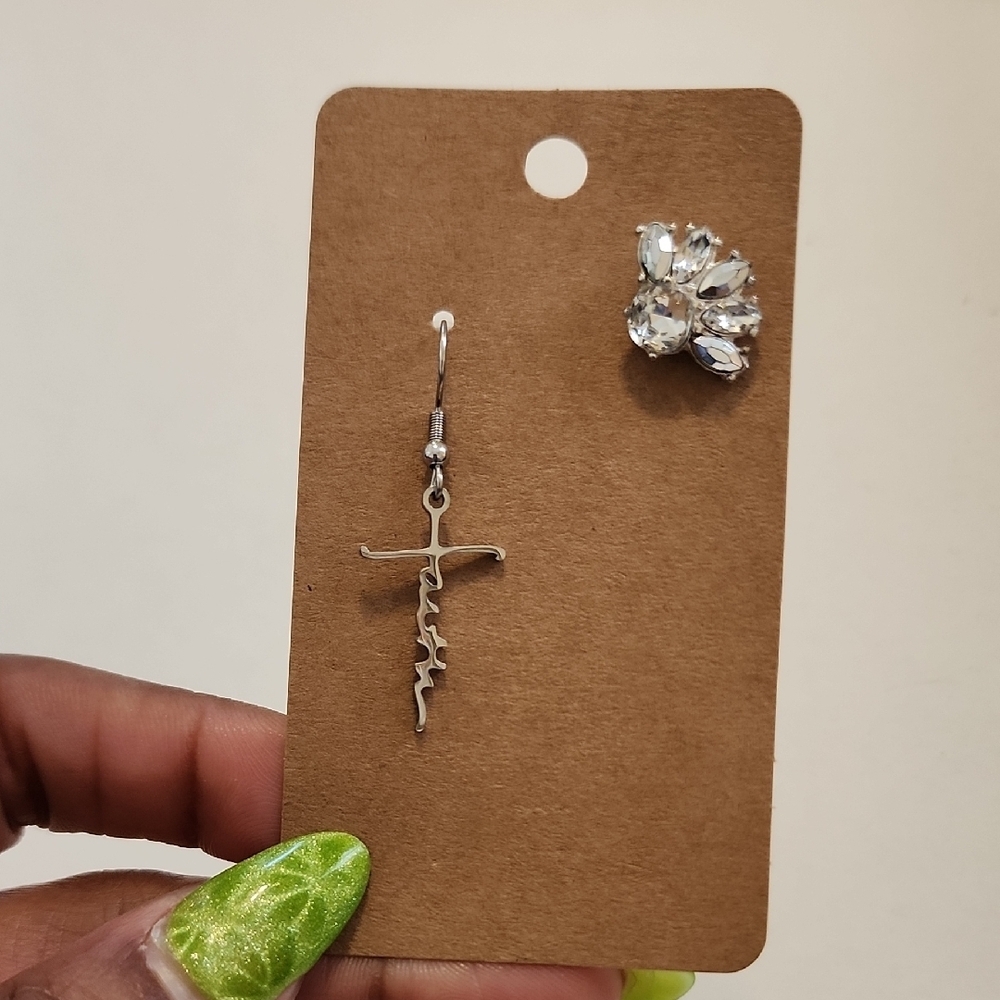 Silver Cross Script Drop Earring with Clear Crystal Stud
